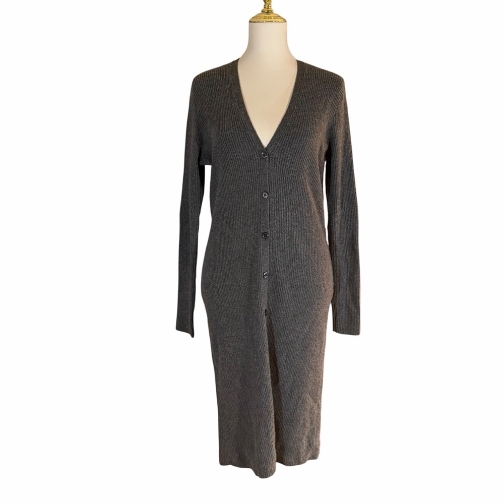 Ralph Lauren Gray Ribbed Knit Button-Front Midi Dress